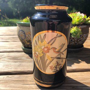 Vintage 6" CHOKIN Vase / Black Gold / Humming Bird Flower / Japan